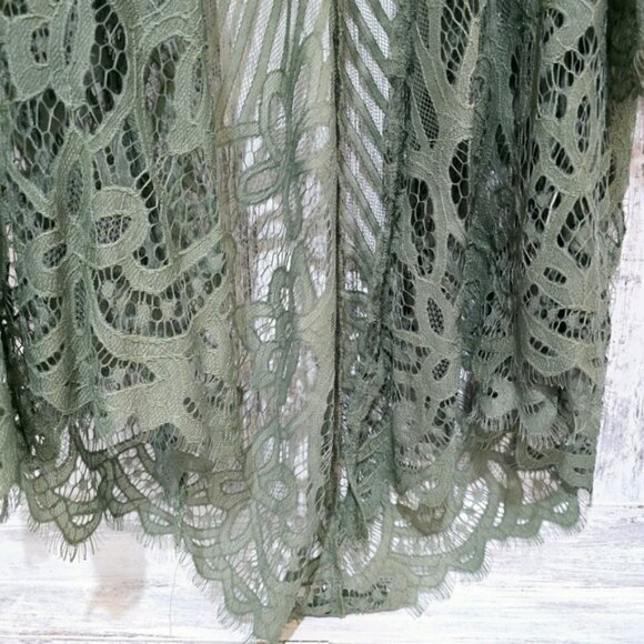 Women's Kimono Cardigan Size Small Olive Green Lace Relaxed Fit Whimsical Flowy - Picture 2 of 14